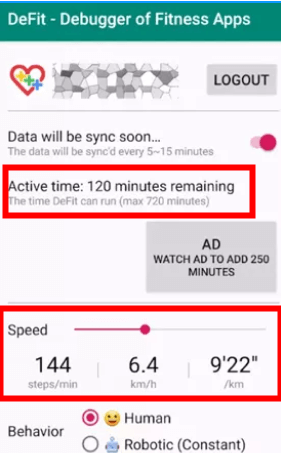 add active minutes and select speed in defit