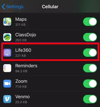 turn off wifi cellular date for life360 ios