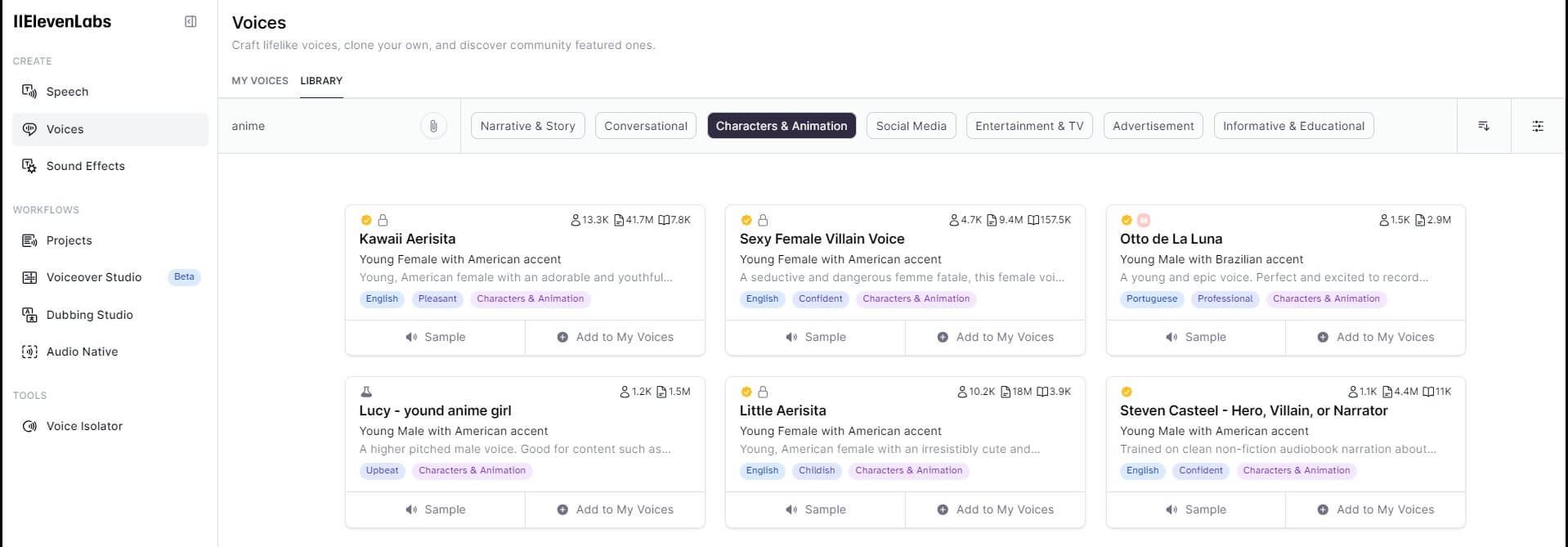 elevenlabs anime character voices