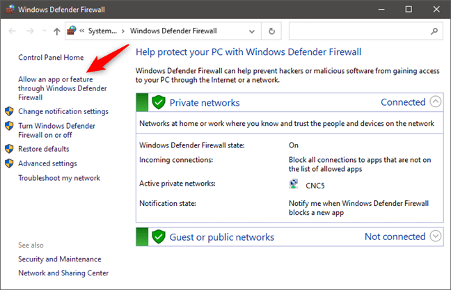 allow an app or feature through windows defender firewall