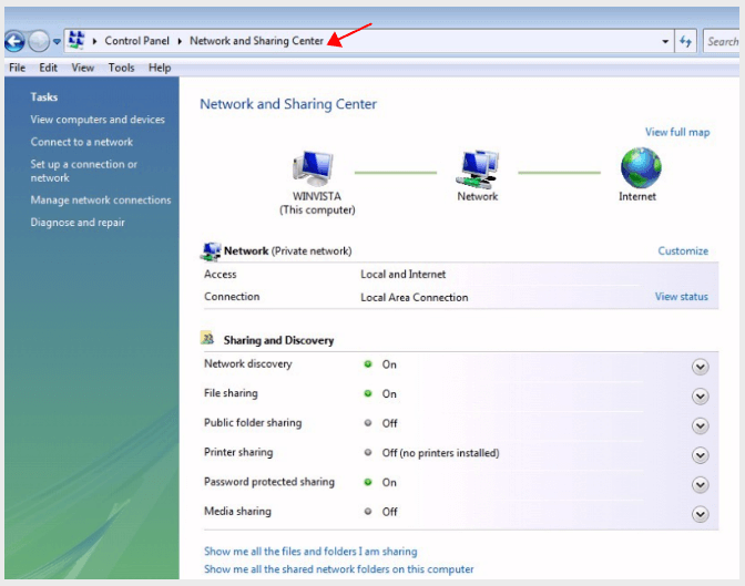 network and -sharing center