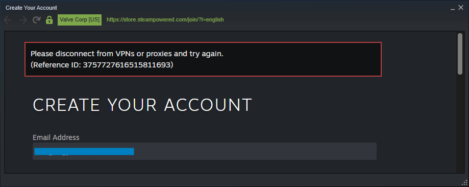 why cant  i create steam account with vpn